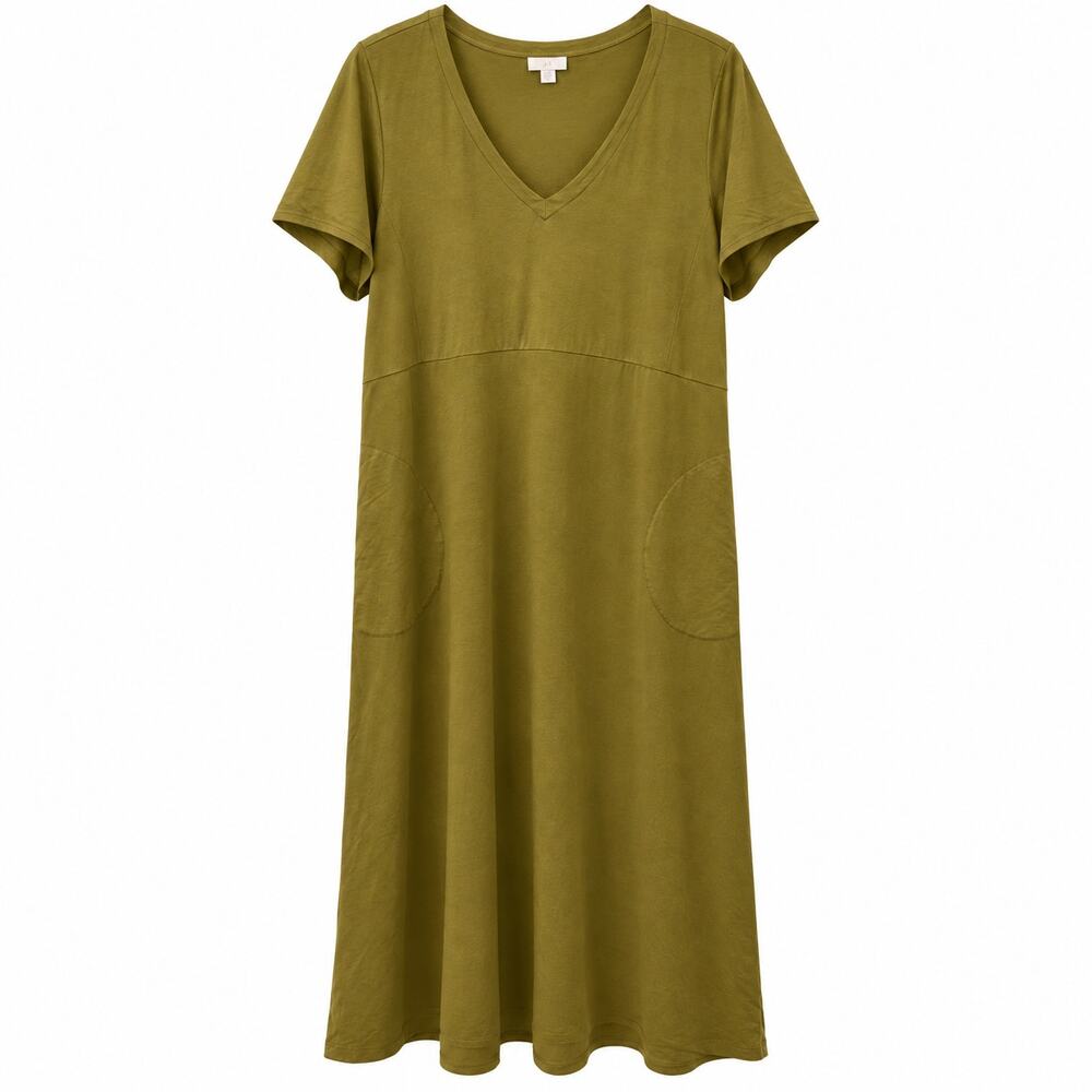 J Jill V Neck Knit Midi Dress 2X Pockets Moss Olive Green Pima Cotton Tencel